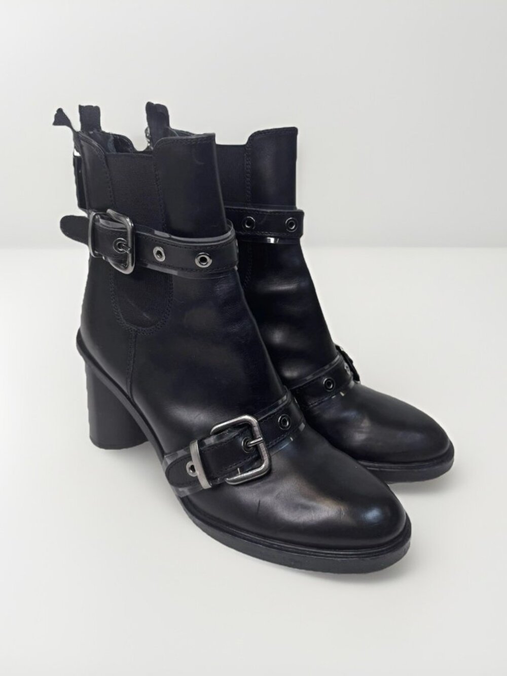 AGL Harness Buckle Ankle Boots Black Leather Womens Size 39 US 8 Biker Italy